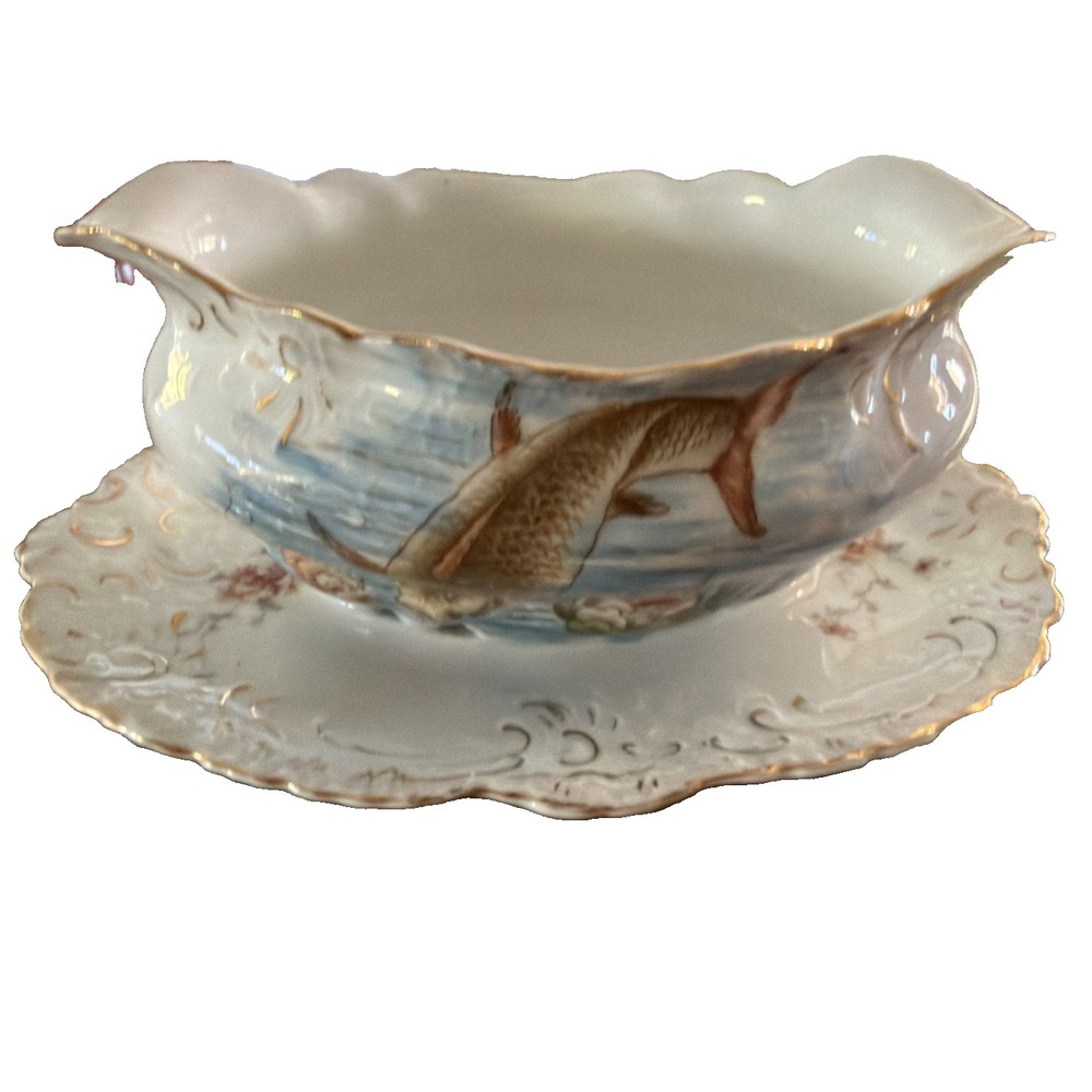 ANTIQUE  LIMOGES HAND PAINTED FISH ATATCHED GRAVY BOAT MINT